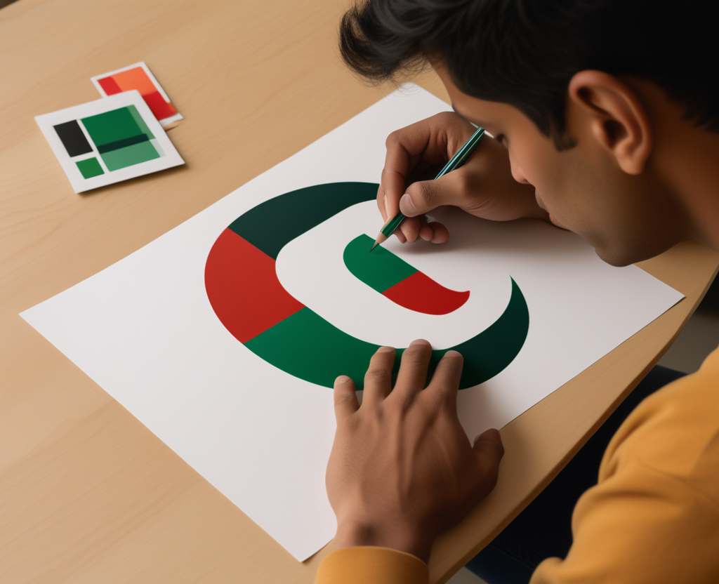 Designer sketching startup logo with geometric shapes – brand identity creation